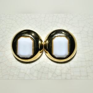 Vintage 1980s round gold with rectangle white faceted bead pierced earrings